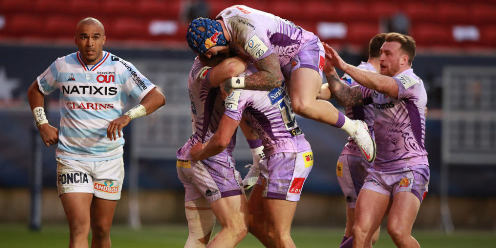 Exeter Chiefs score in the Champions Cup final against Racing 92