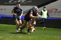 Sale Sharks hooker Curtis Langdon scores against Exeter