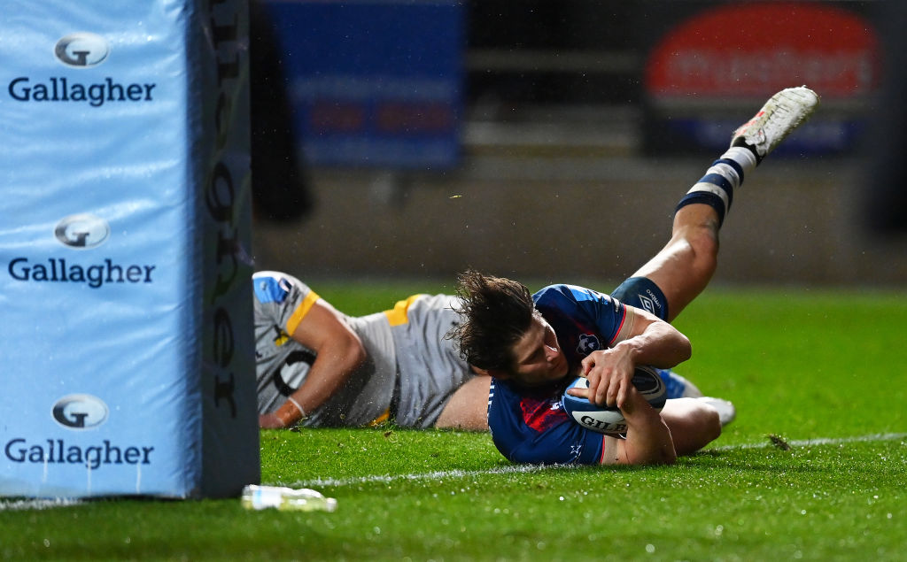 Bristol Bears wing Piers O'Conor scores against Wasps