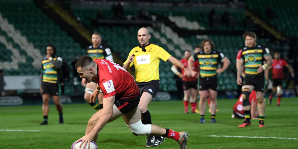 Jacob Stockdale scores for Ulster against Northampton