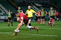 Jacob Stockdale scores for Ulster against Northampton