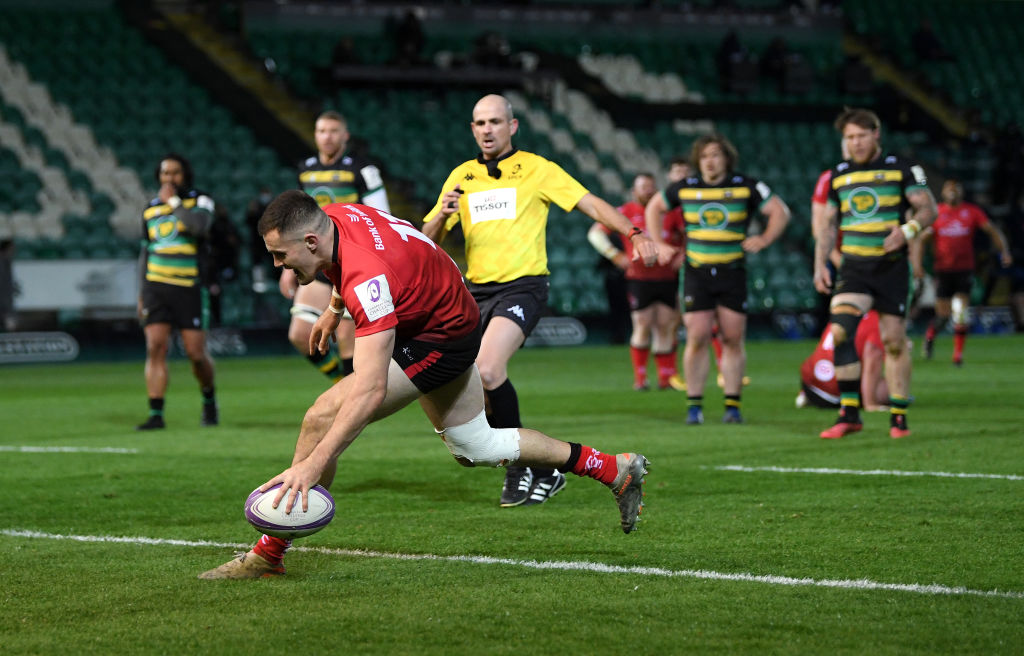 Jacob Stockdale scores for Ulster against Northampton