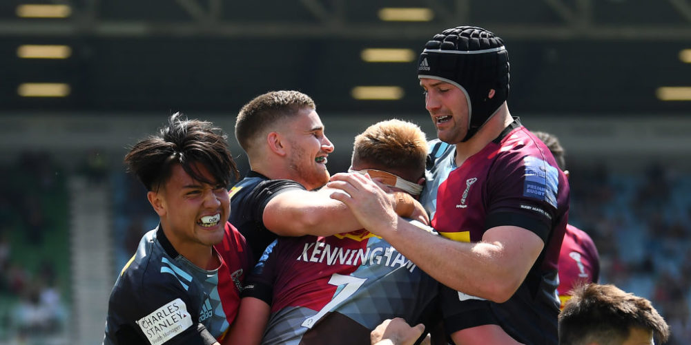 Harlequins celebrate a try over Bath