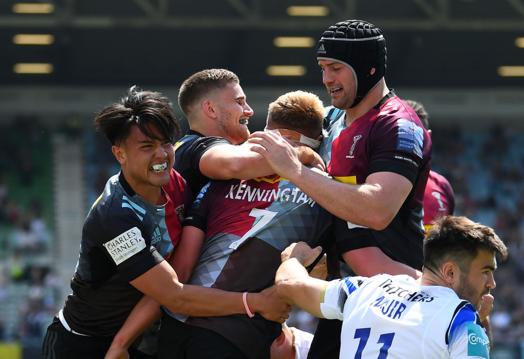 Harlequins celebrate a try over Bath