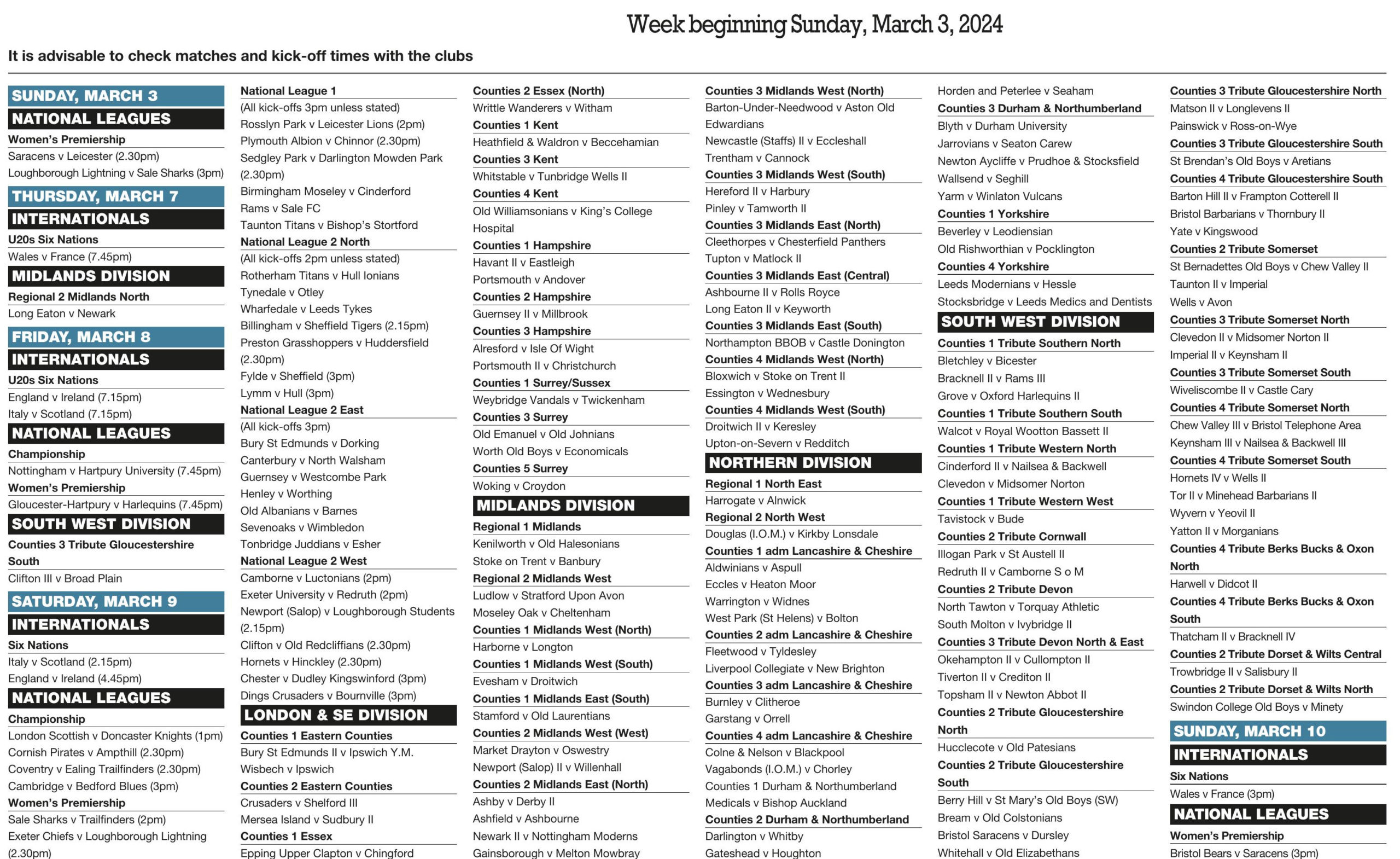 Forthcoming fixtures