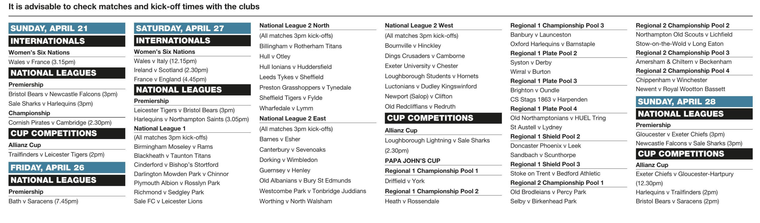 Forthcoming fixtures