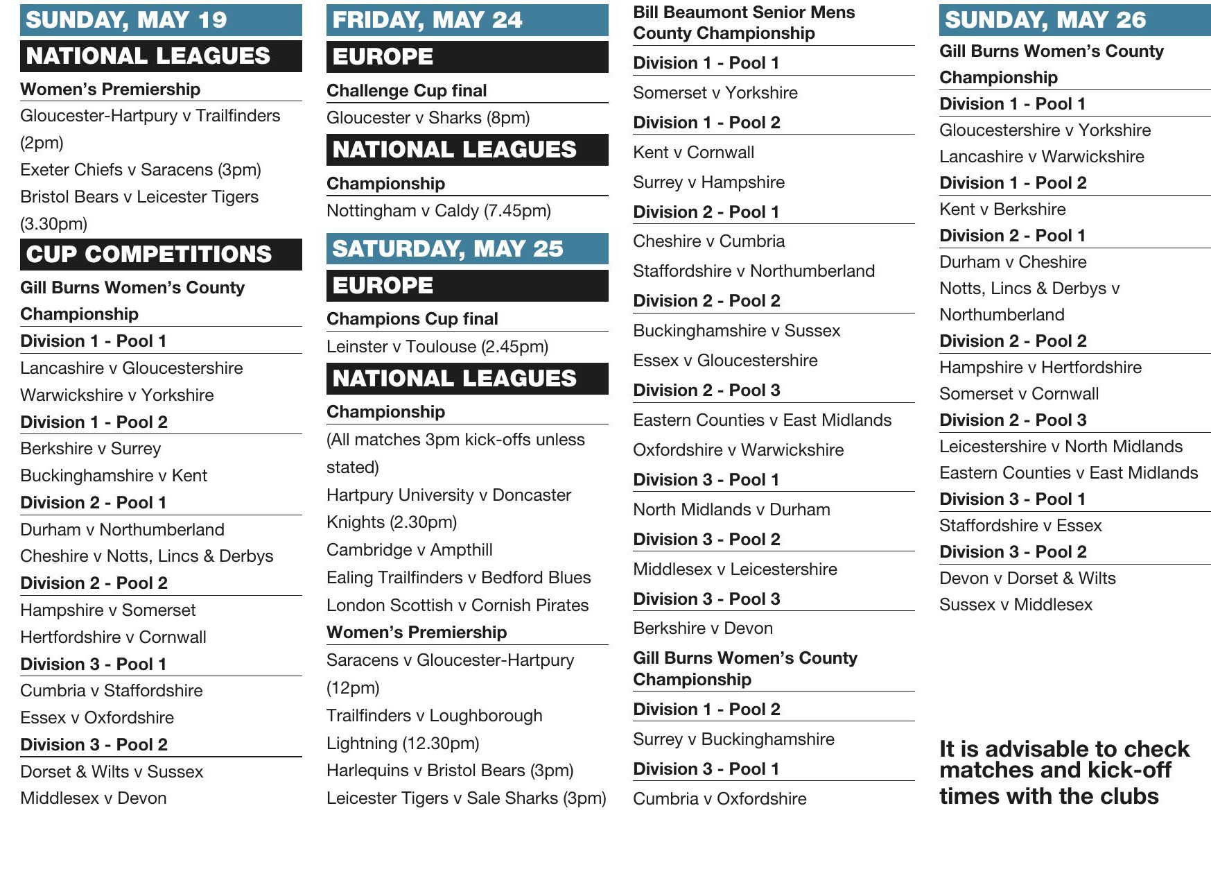 Forthcoming fixtures