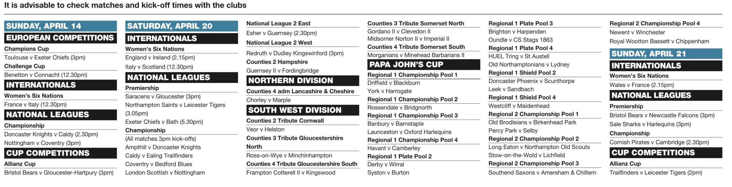 Forthcoming fixtures